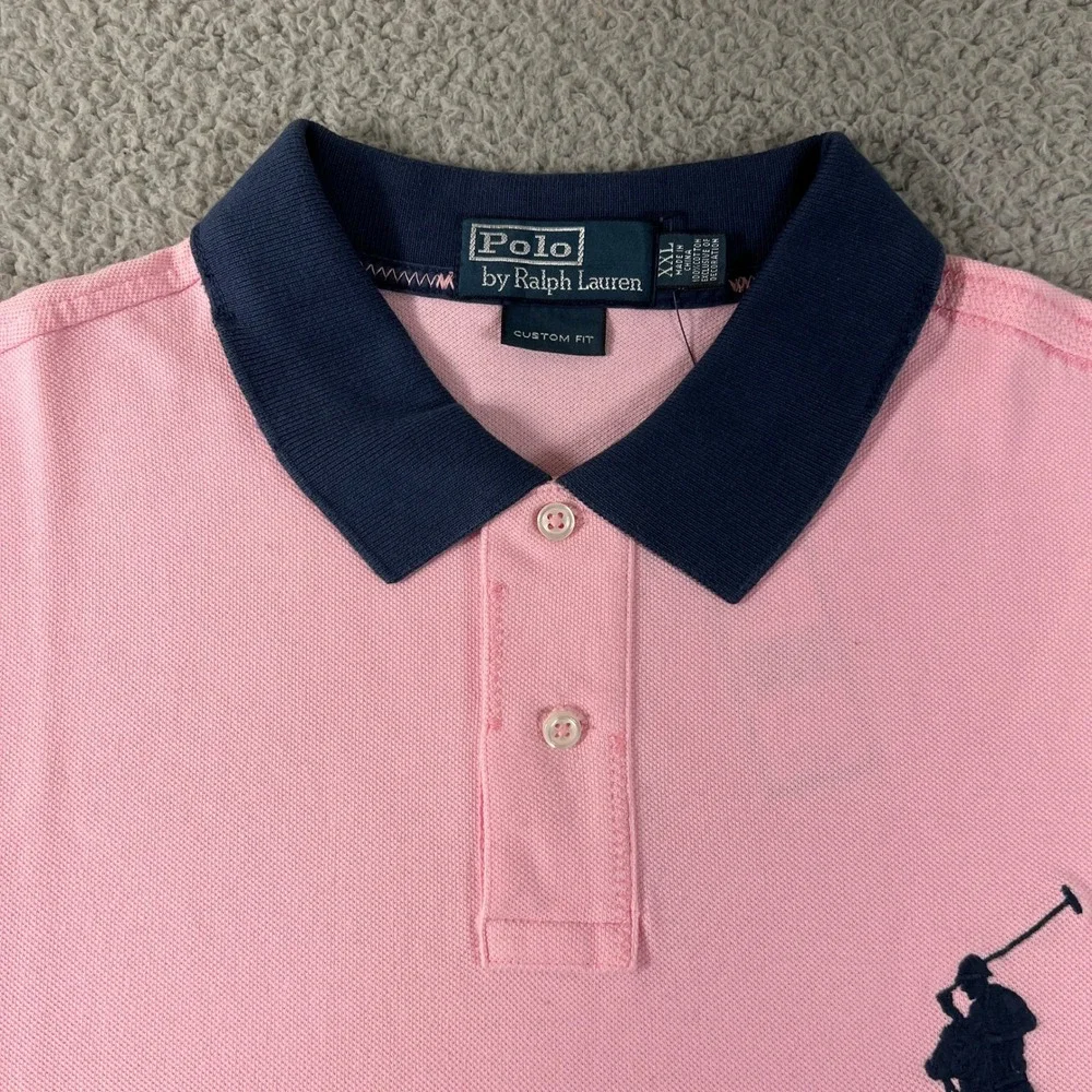 Polo Ralph Lauren Polo Shirt Men XXL Pink Navy Big Pony Custom Fit Vintage NWT